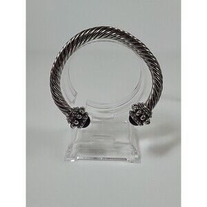 Vintage Metal Twisted Cable Bangle Bracelet Cuff with Black Cabochon Heavy